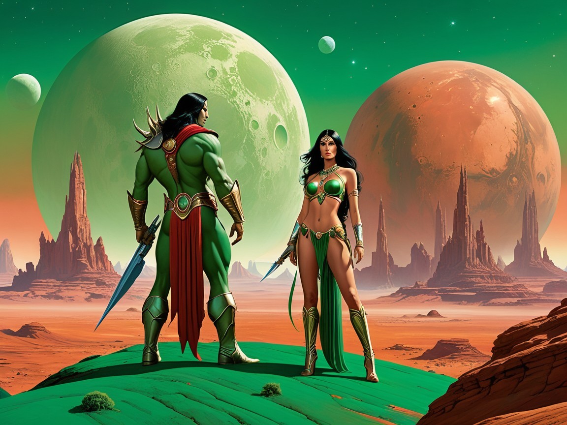 Heroic Figures in Alien Landscape with Moons