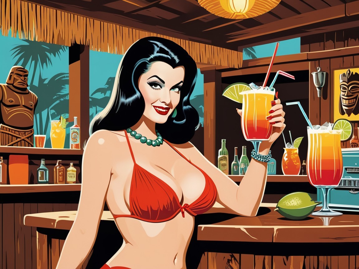 Retro Tropical Scene with Glamorous Woman and Cocktails