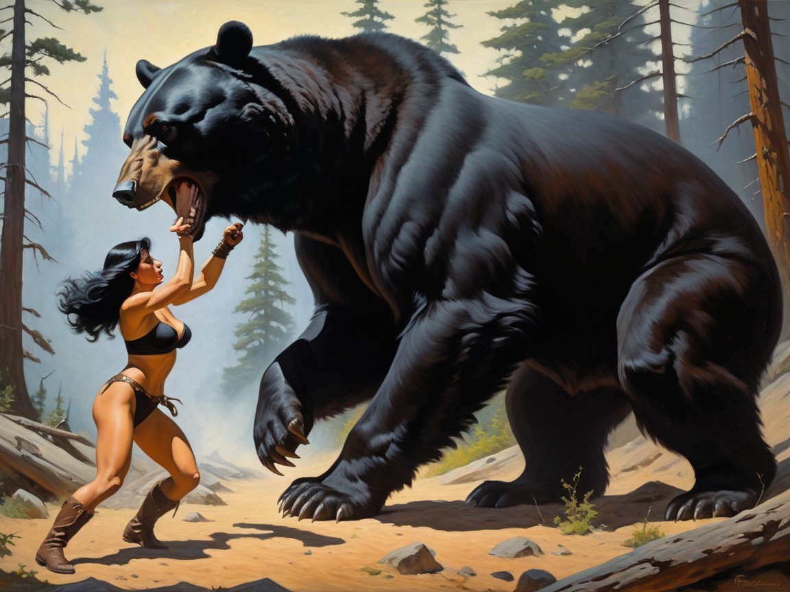 Confrontation Between Woman and Black Bear in Forest