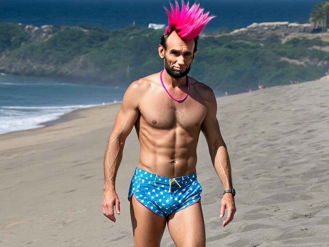 Muscular Man with Pink Mohawk on Sandy Beach