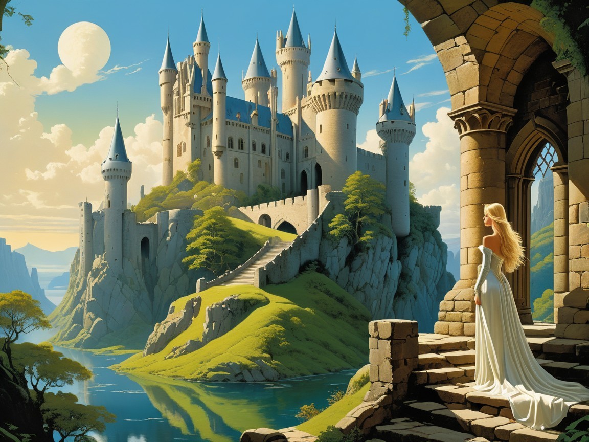 Castle on Cliff Overlooking Serene Water and Mountains