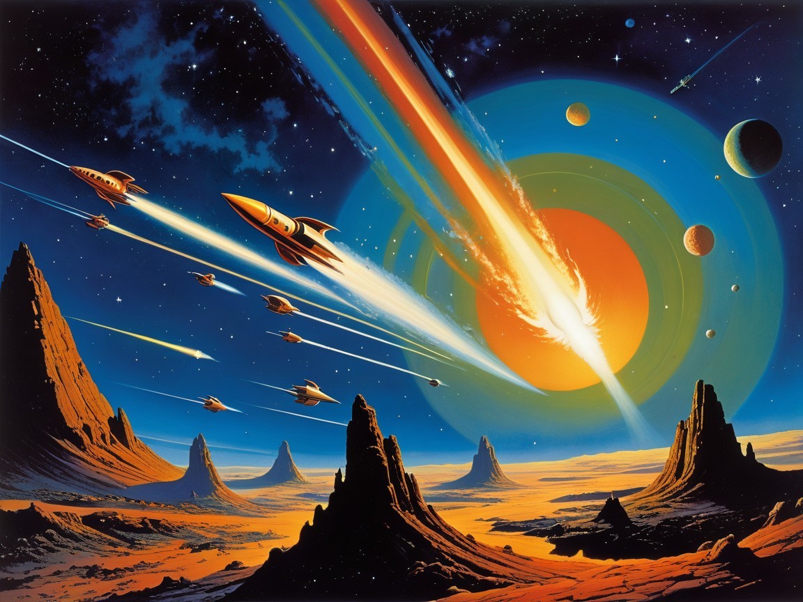 Vibrant Sci-Fi Scene with Rockets and Cosmic Landscape