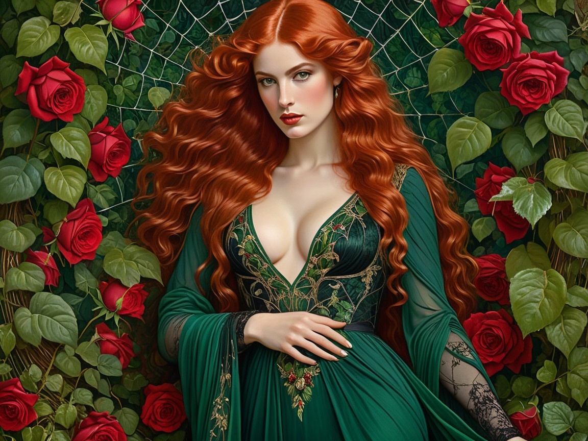 Elegant Woman in Green Gown Surrounded by Roses