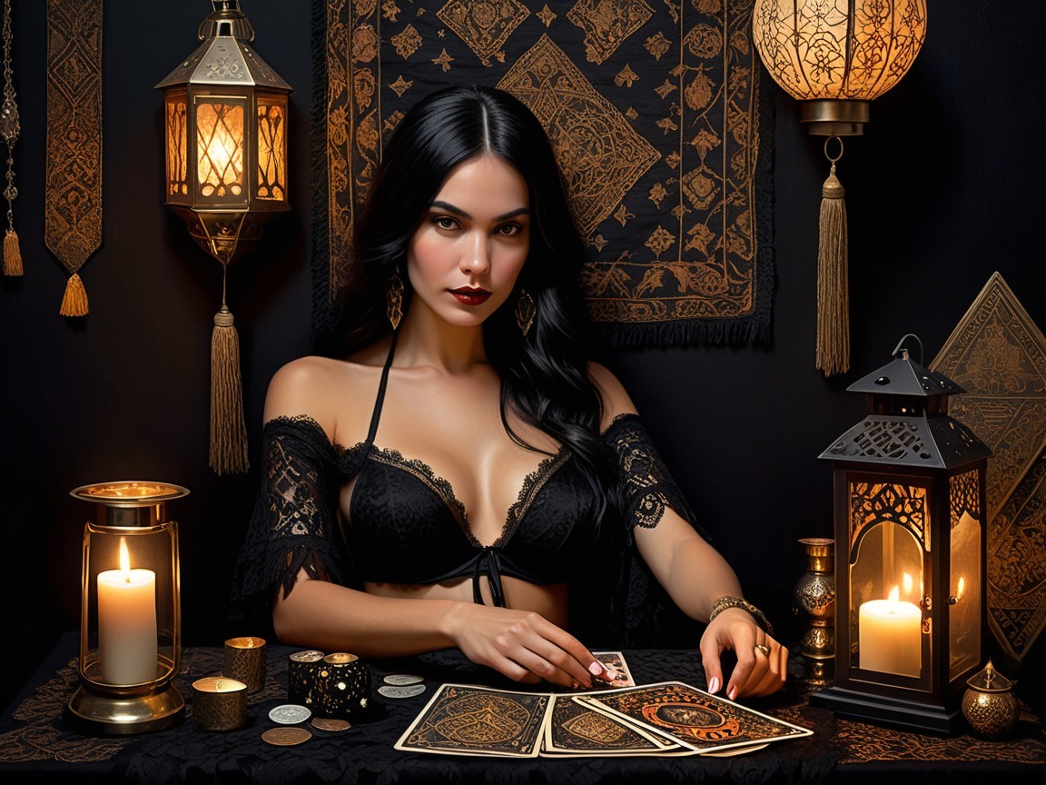 Mysterious Woman Reading Tarot in Dimly Lit Setting
