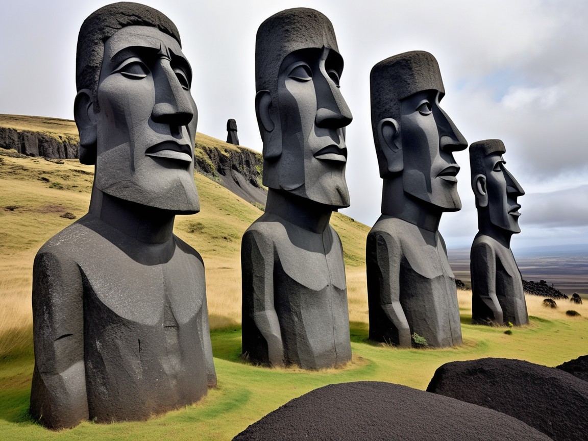Four Dark Grey Moai Statues on Grassy Hillside