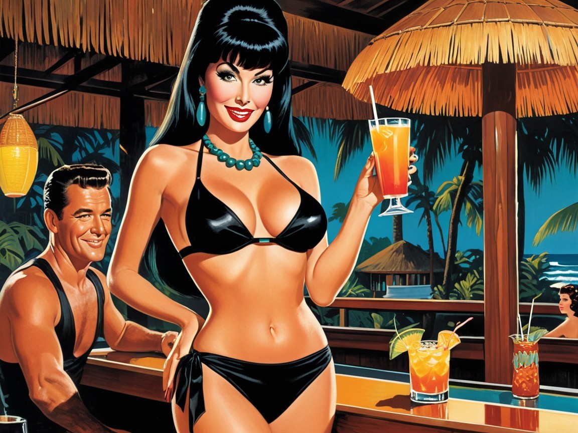 Glamorous Woman in Black Bikini at Tropical Beach Scene