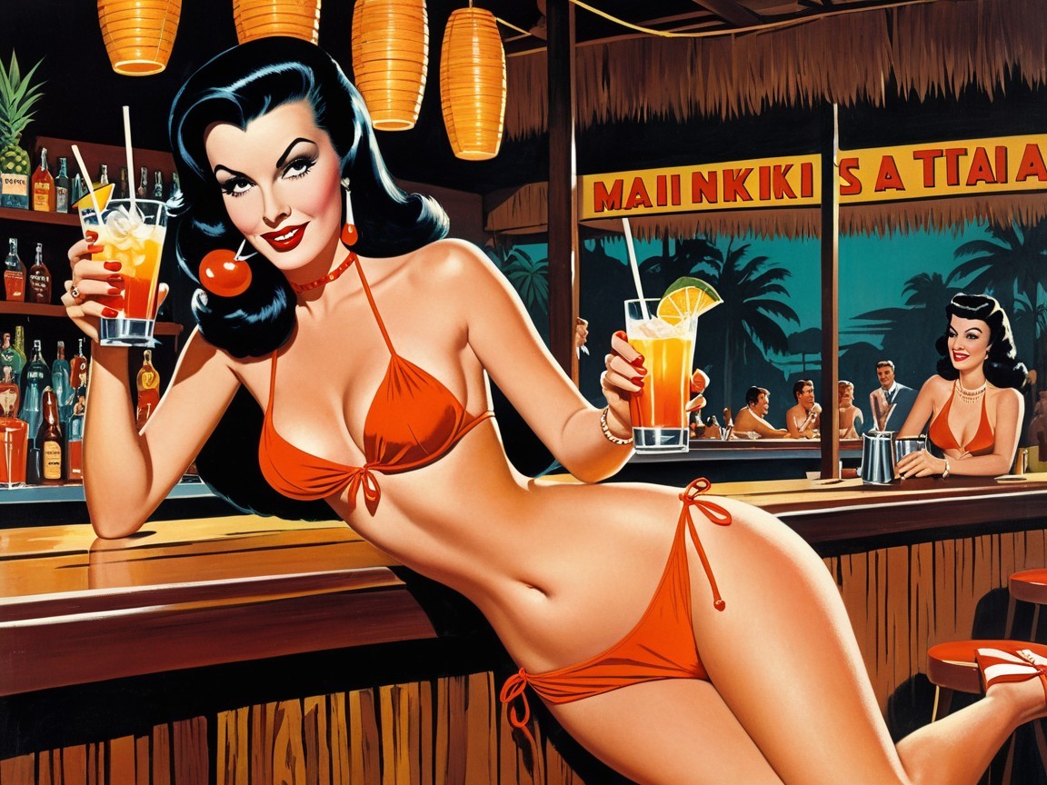 Glamorous Woman in Orange Bikini at Tropical Bar