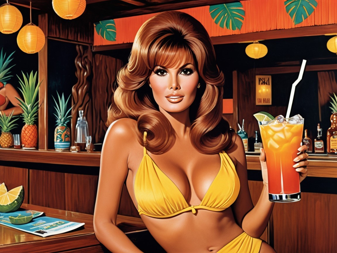 Glamorous Woman at Tropical Bar in Yellow Bikini
