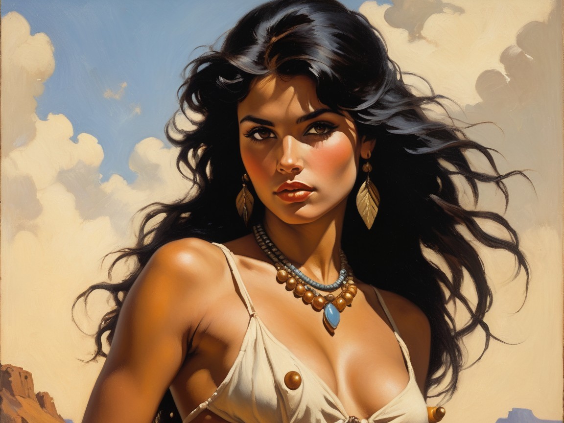 Woman with Dark Hair in Beige Top Against Blue Sky