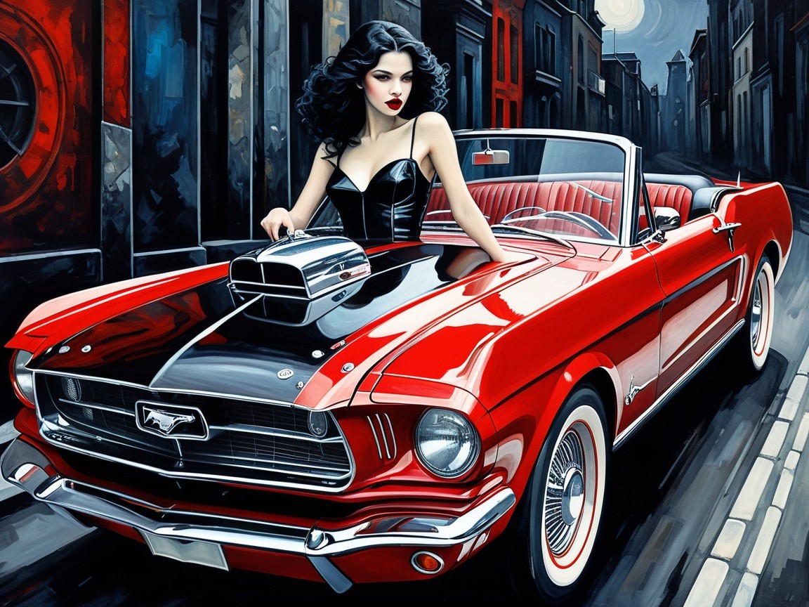 Mysterious Woman with Mustang Under Full Moon