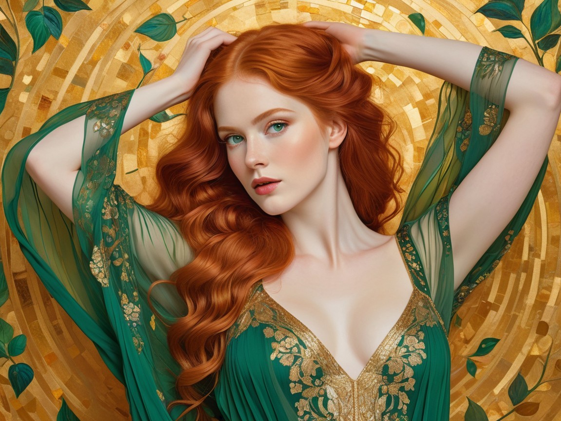 Striking Woman in Green Dress Against Golden Backdrop