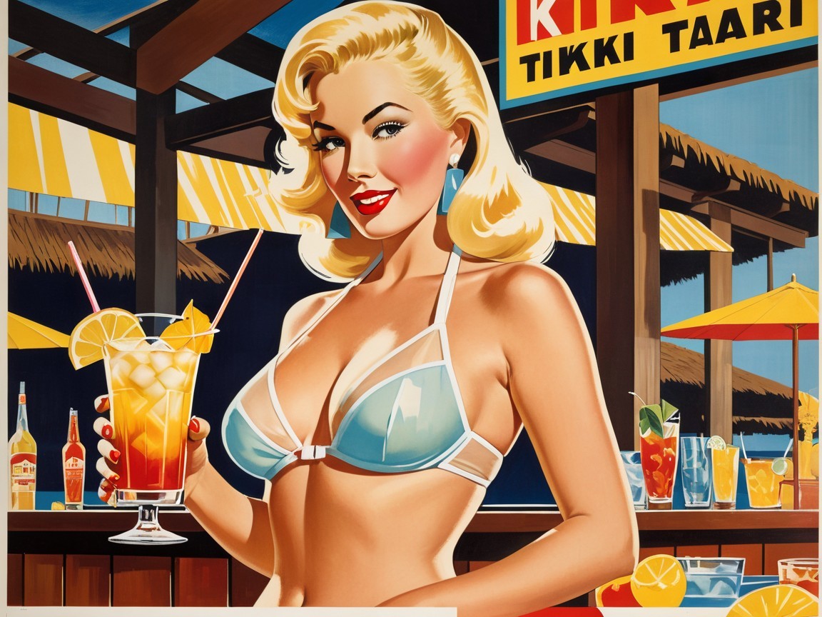 Glamorous Woman in Blue Bikini at Tiki Bar Illustration