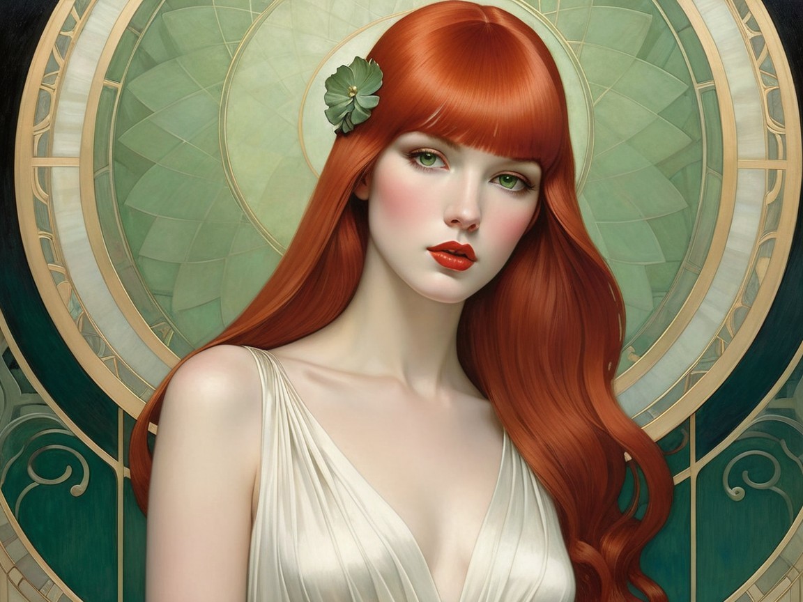 Young woman in white gown with red hair and green backdrop