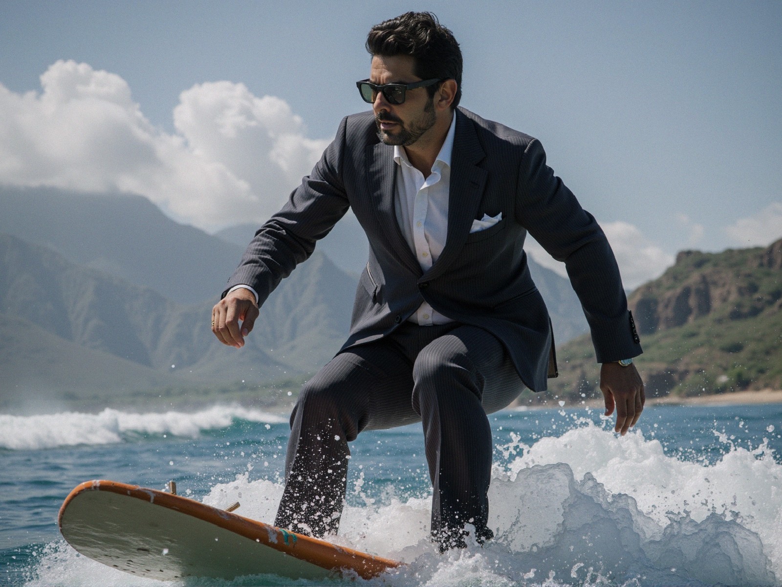 Man in Grey Suit Surfing Turquoise Waves with Mountains