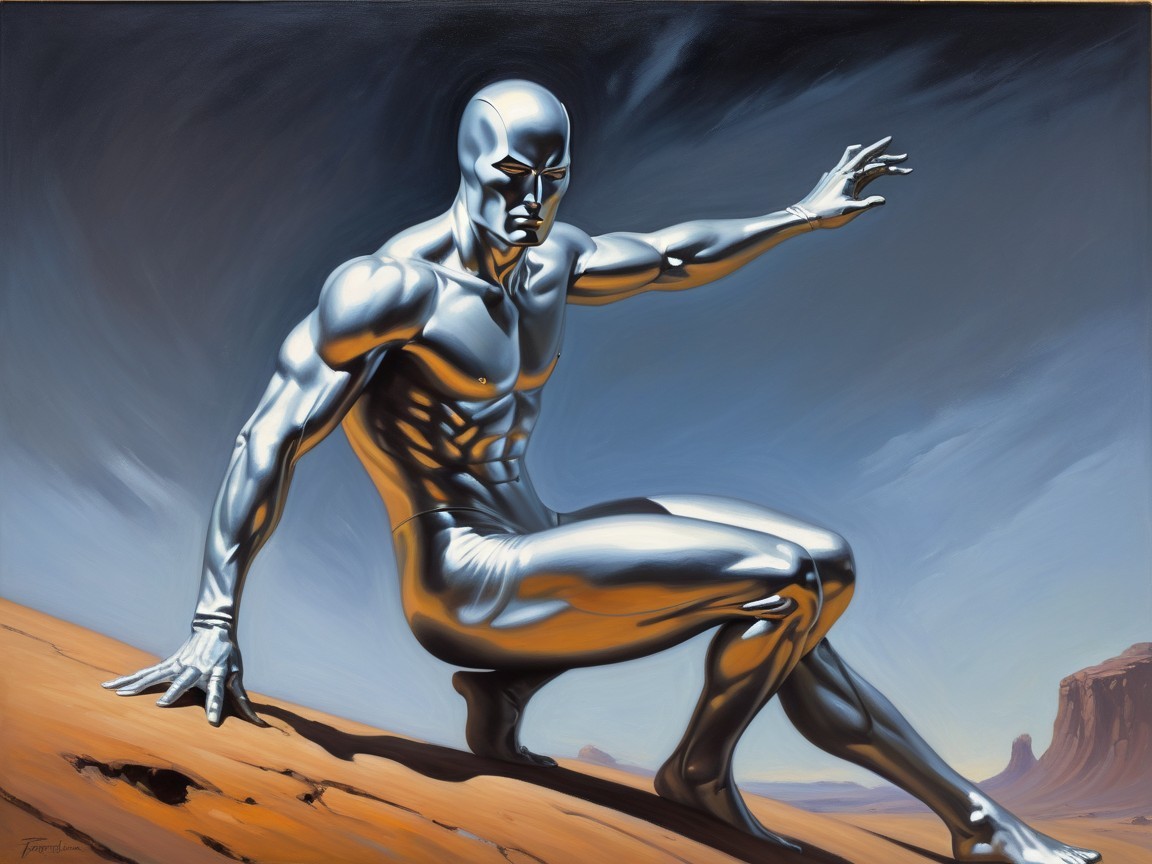 Metallic Humanoid Figure Posing on Sandy Dune