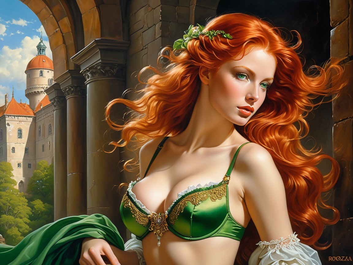 Portrait of a Woman with Red Hair and Castle Background