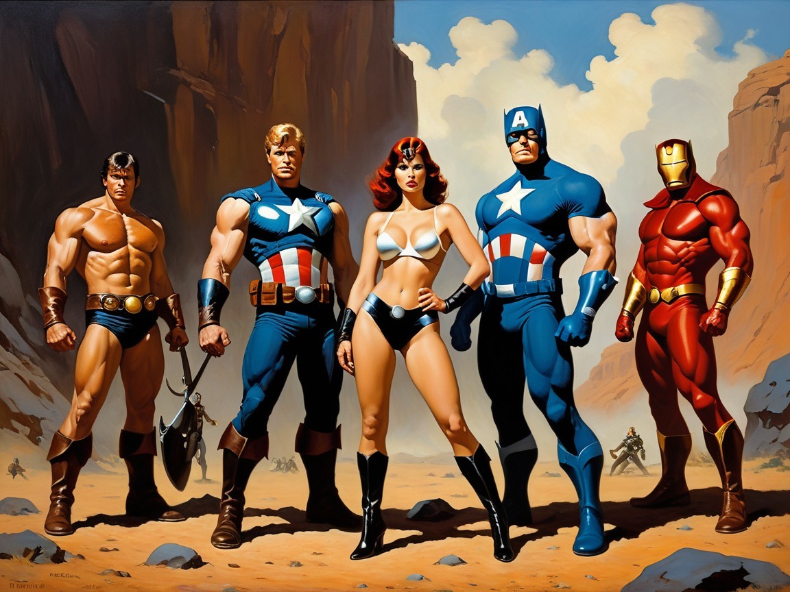 Superheroes in Iconic Costumes in Desert Landscape