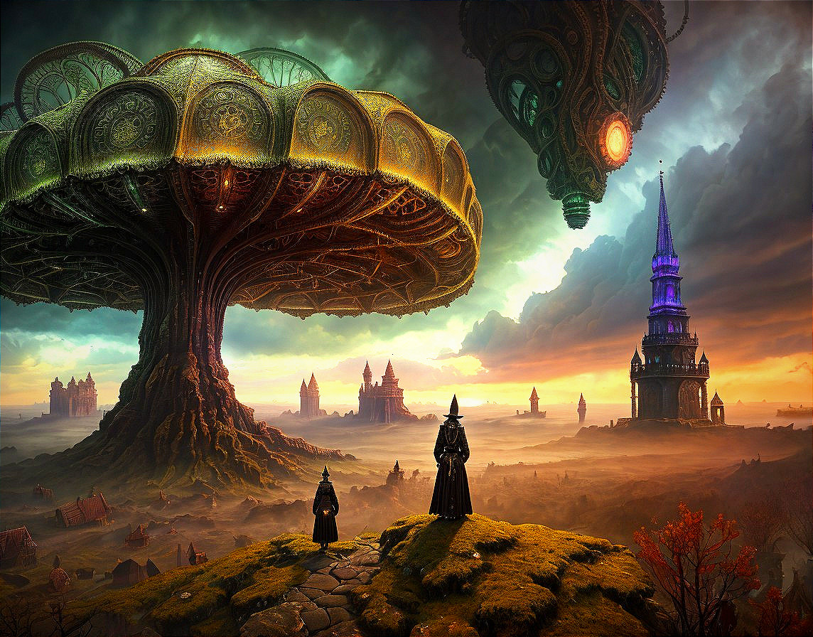 Fantastical Landscape with Giant Ornate Tree and Castle
