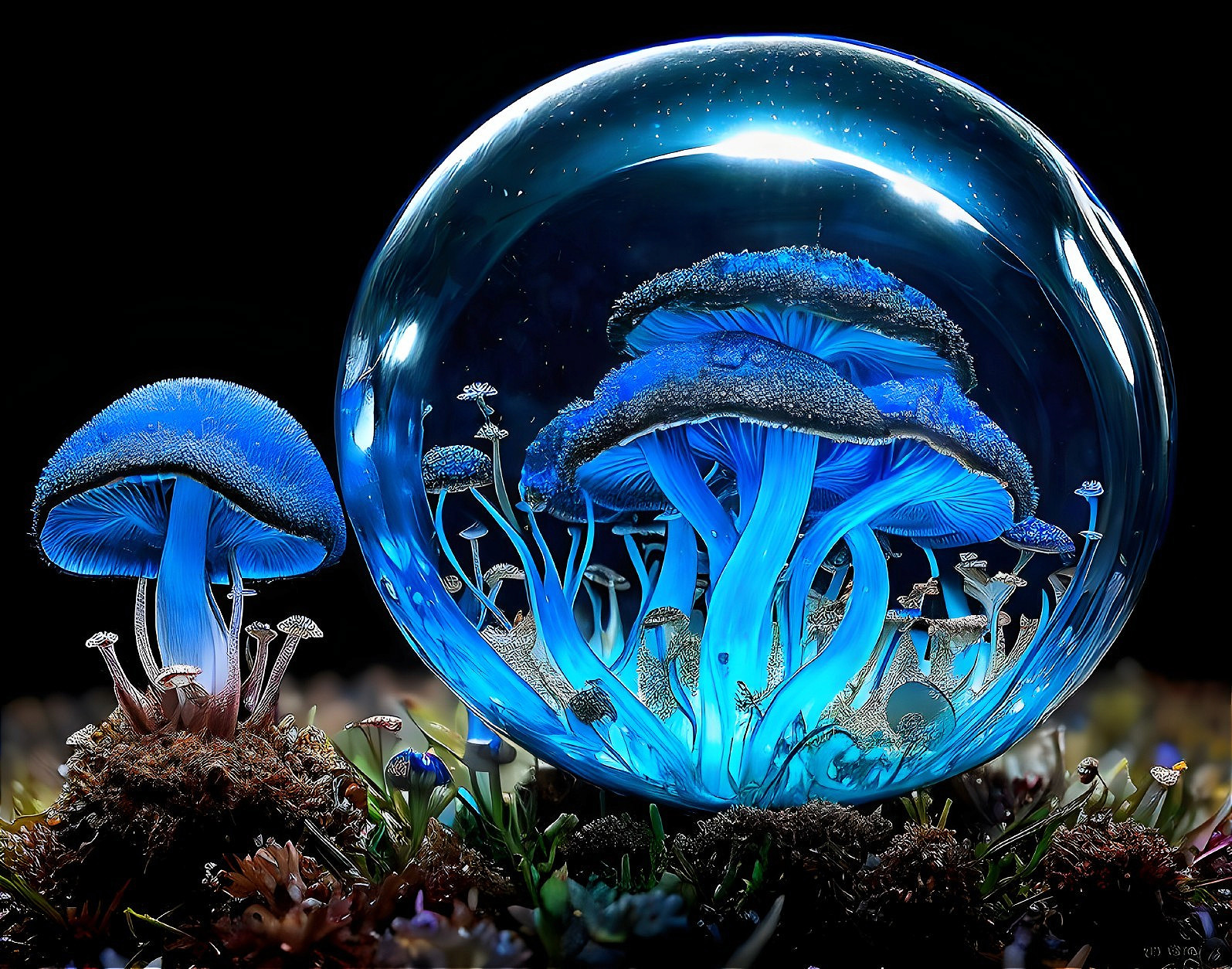 Vibrant Blue Mushrooms in a Glass Globe Display