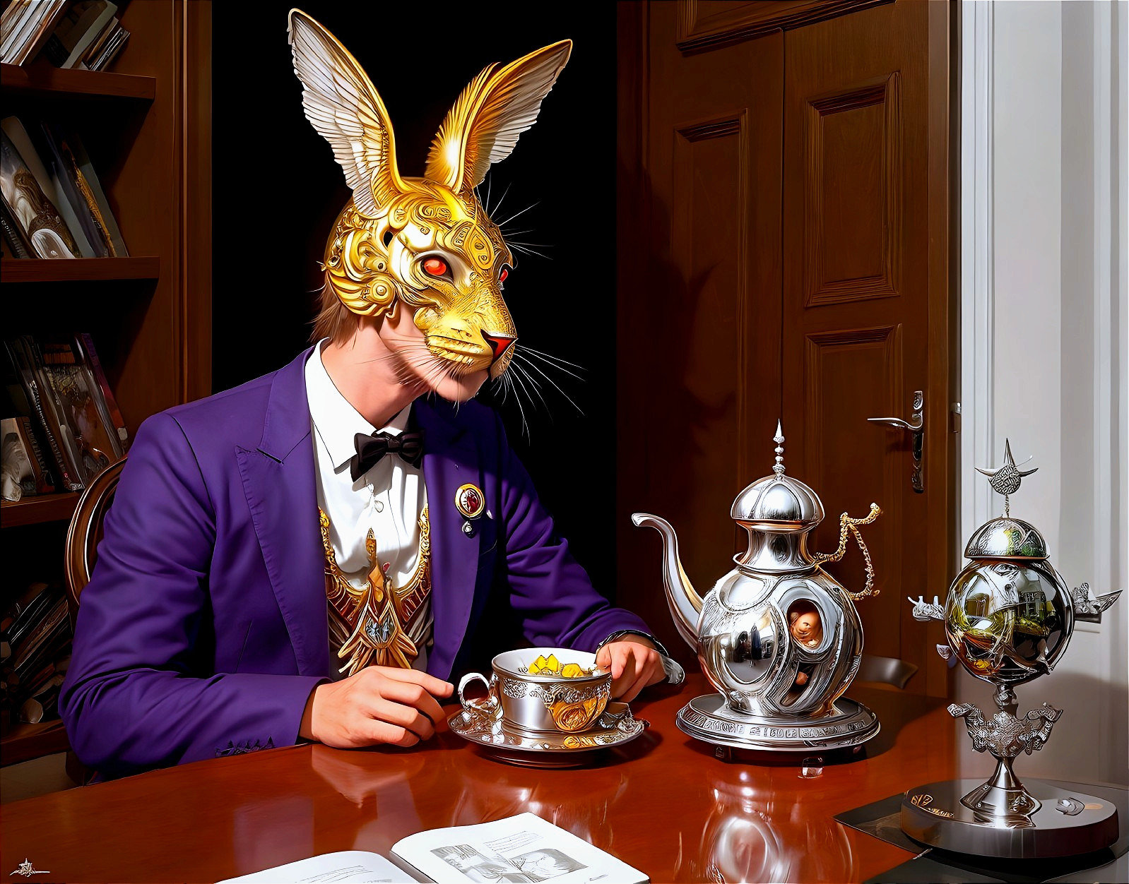Lavish Tea Party with Purple Suit and Golden Rabbit Mask