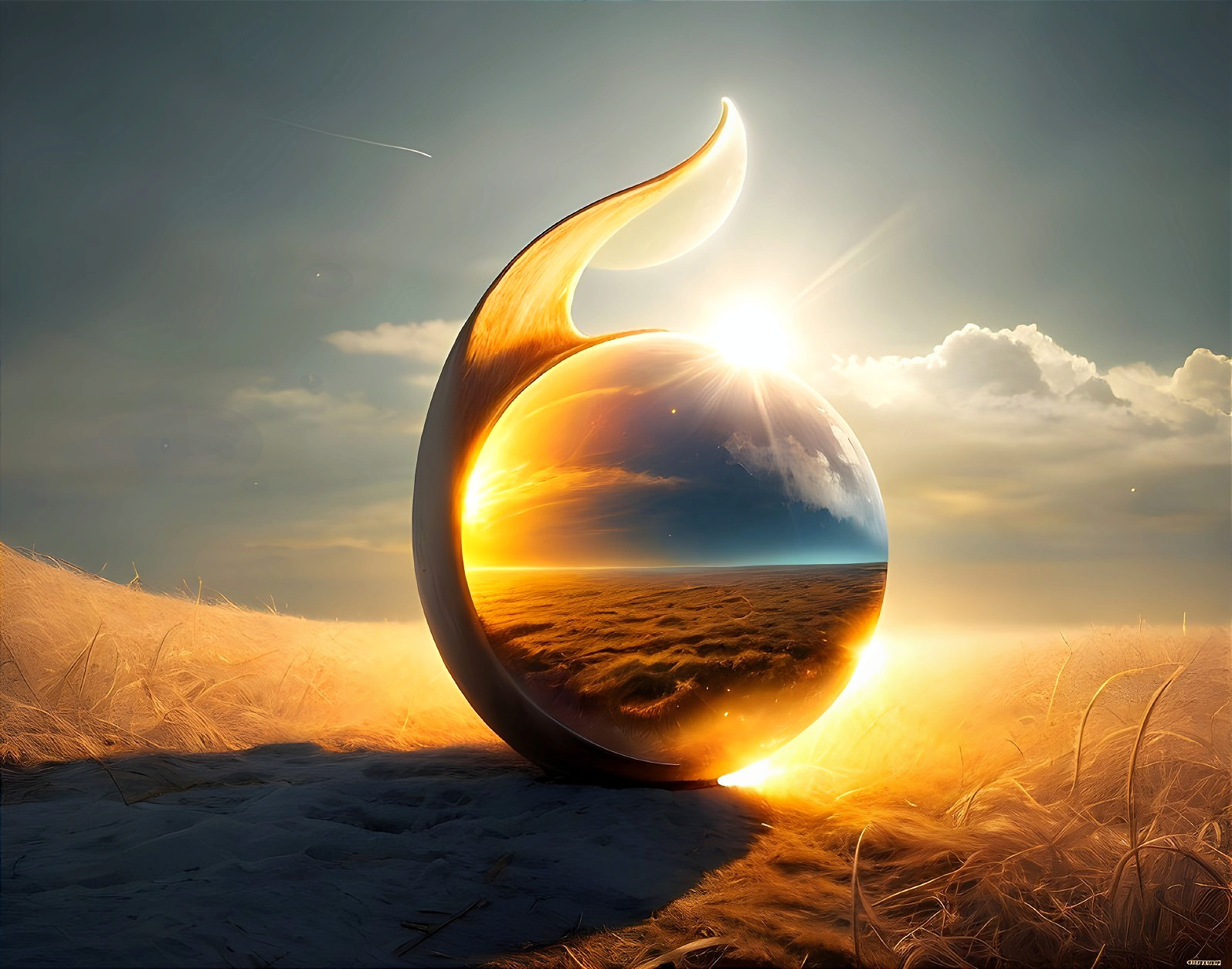 Reflective Orb in Serene Sunset Landscape