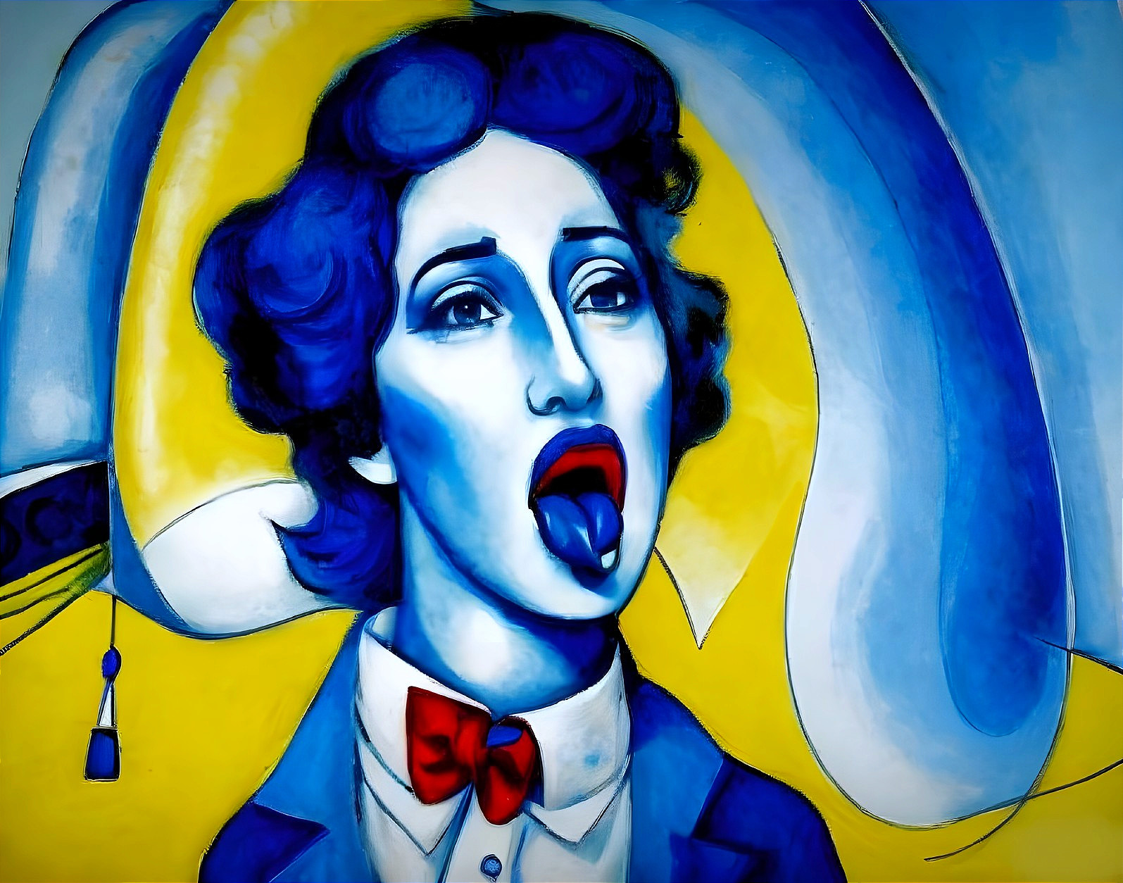 Surreal Painting of a Figure with Blue Hair and Bow Tie