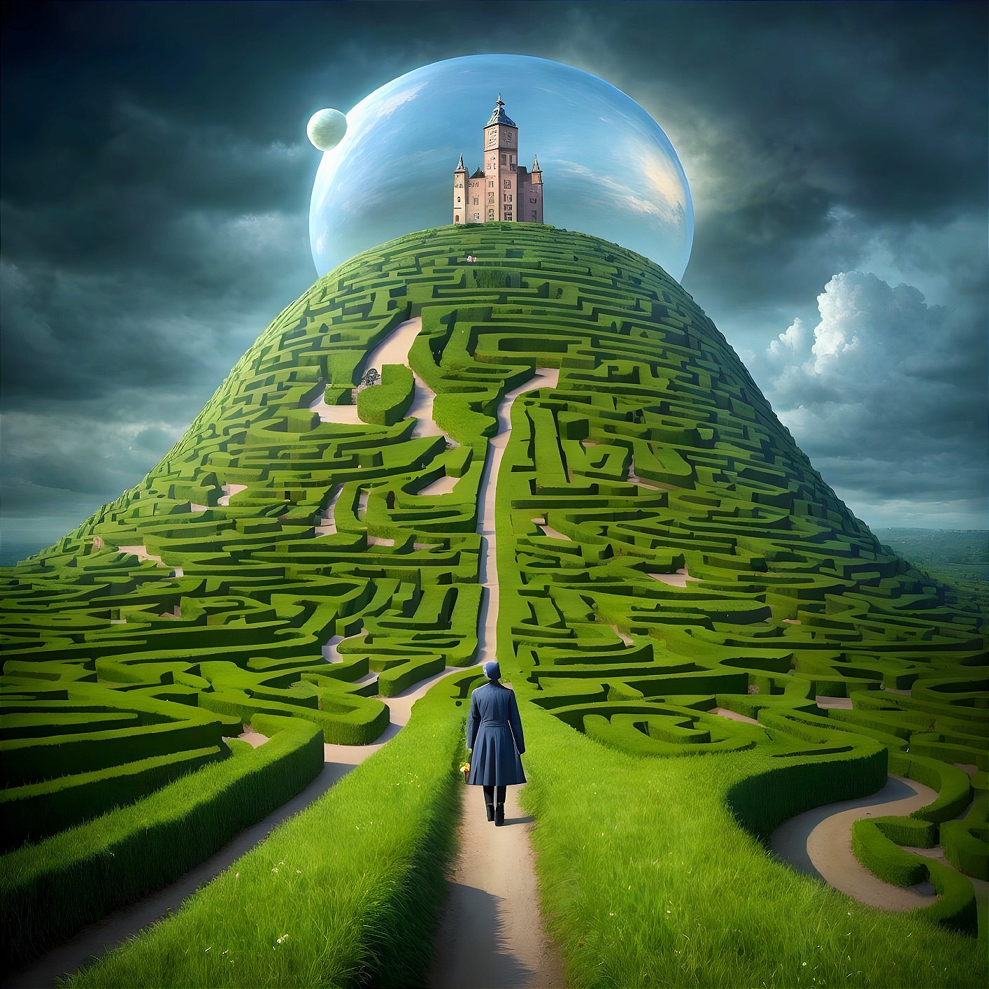 Lone Figure on Winding Path to Castle in Sphere