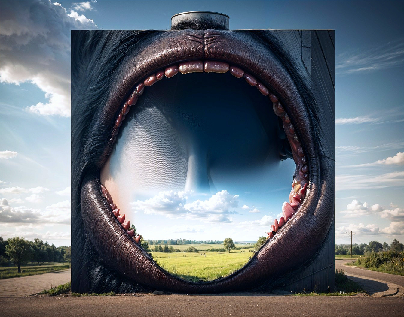 Mural of Open Mouth Revealing Serene Landscape