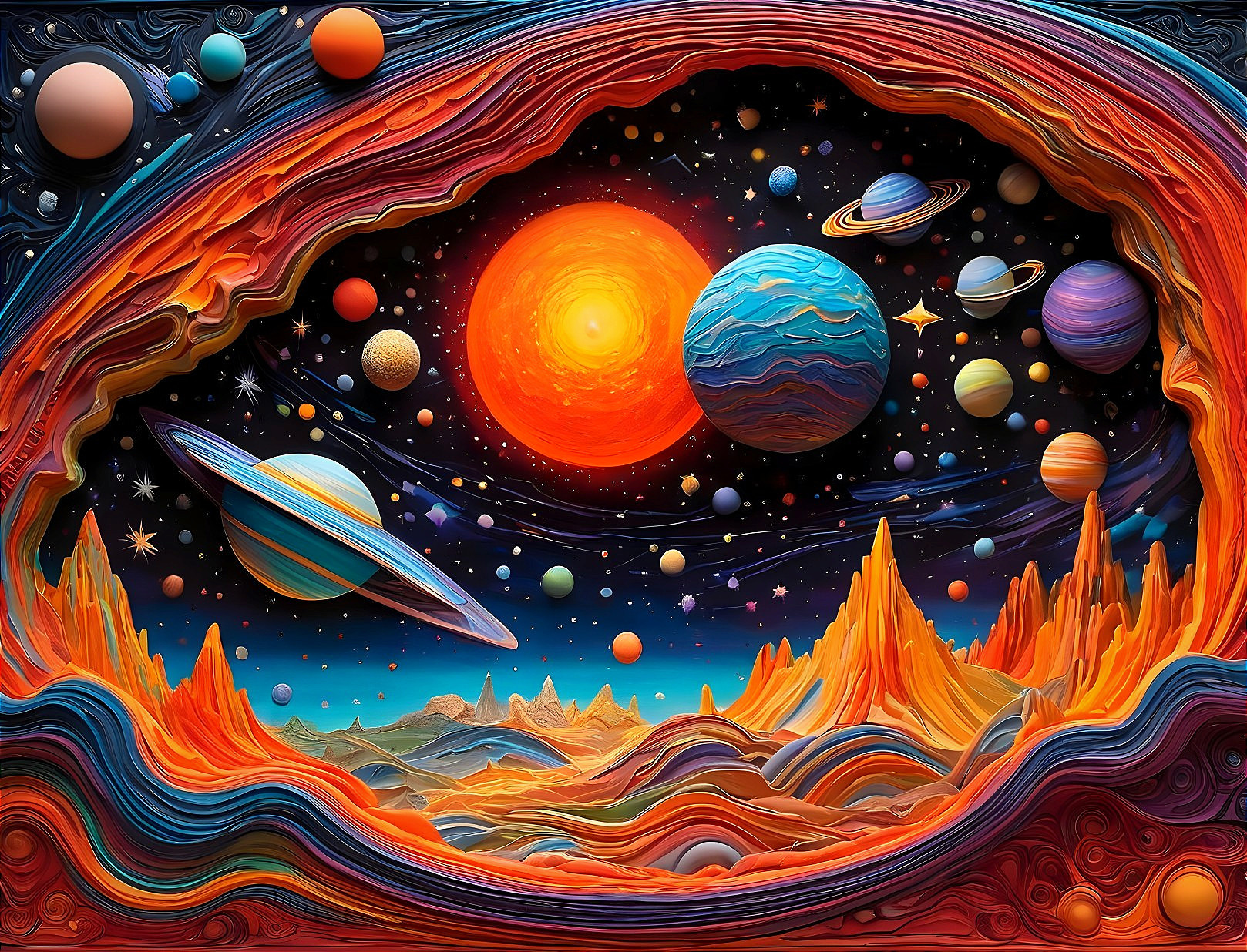 Surreal Cosmic Landscape with Colorful Planets and Stars