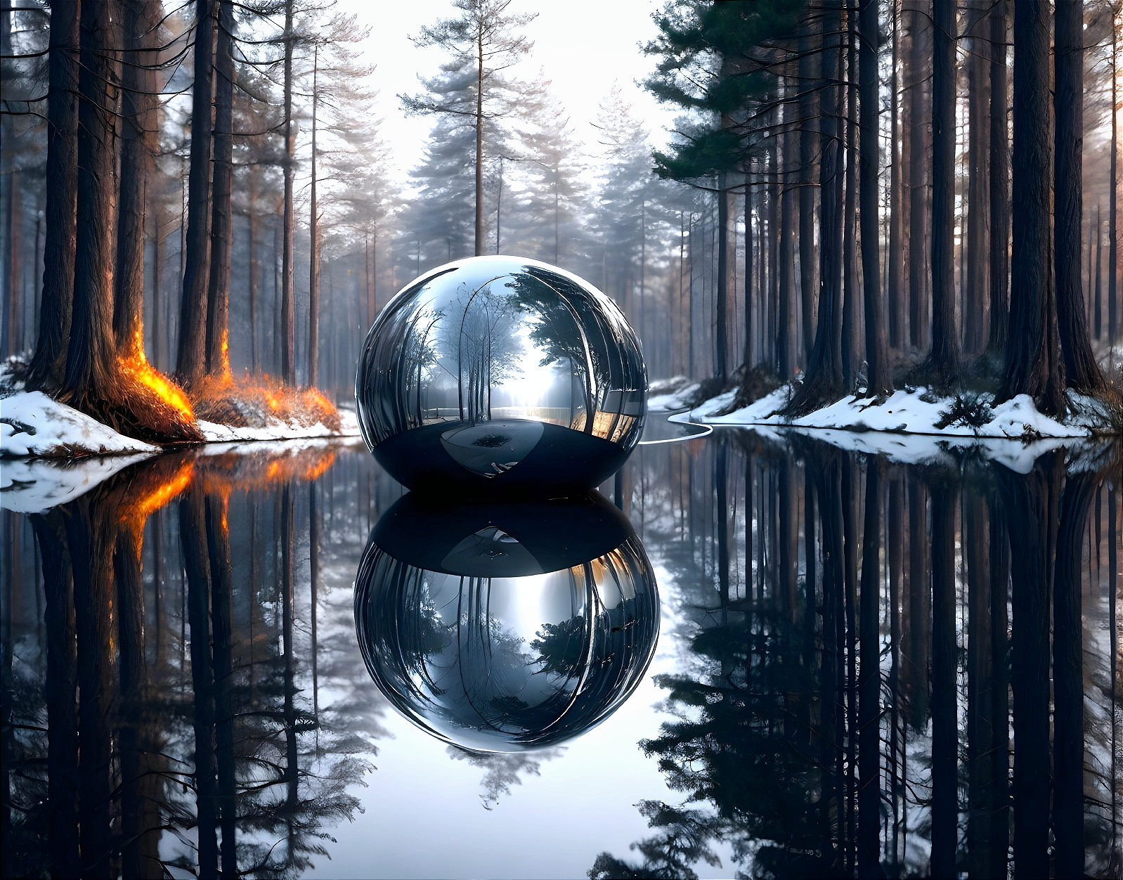 Reflective Sphere on Water Surrounded by Forest景色