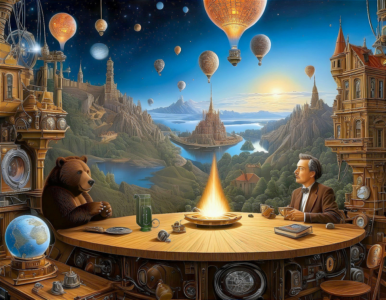 Surreal Scene of Bear and Man at Wooden Table