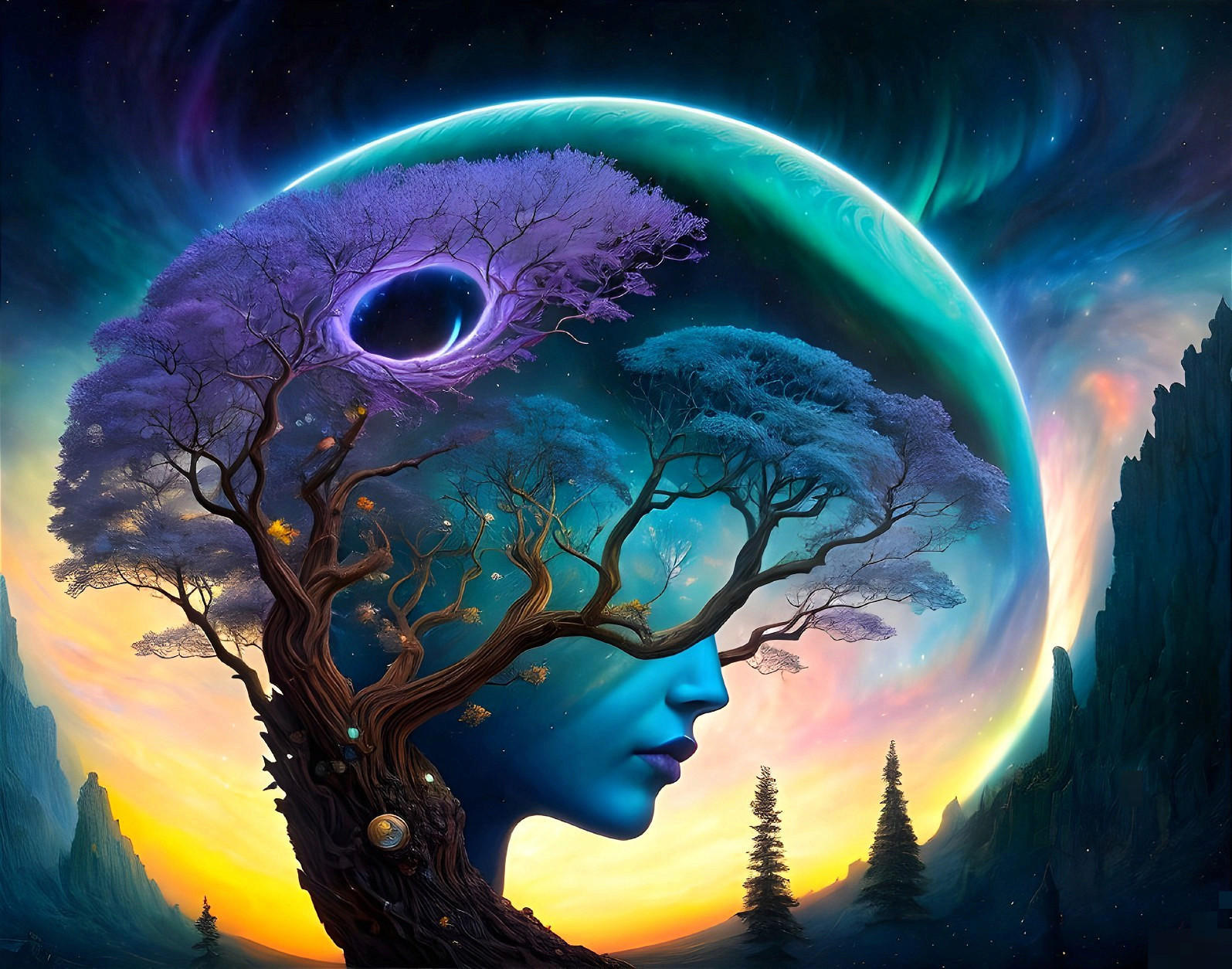 Surreal Landscape of Human Silhouette and Tree