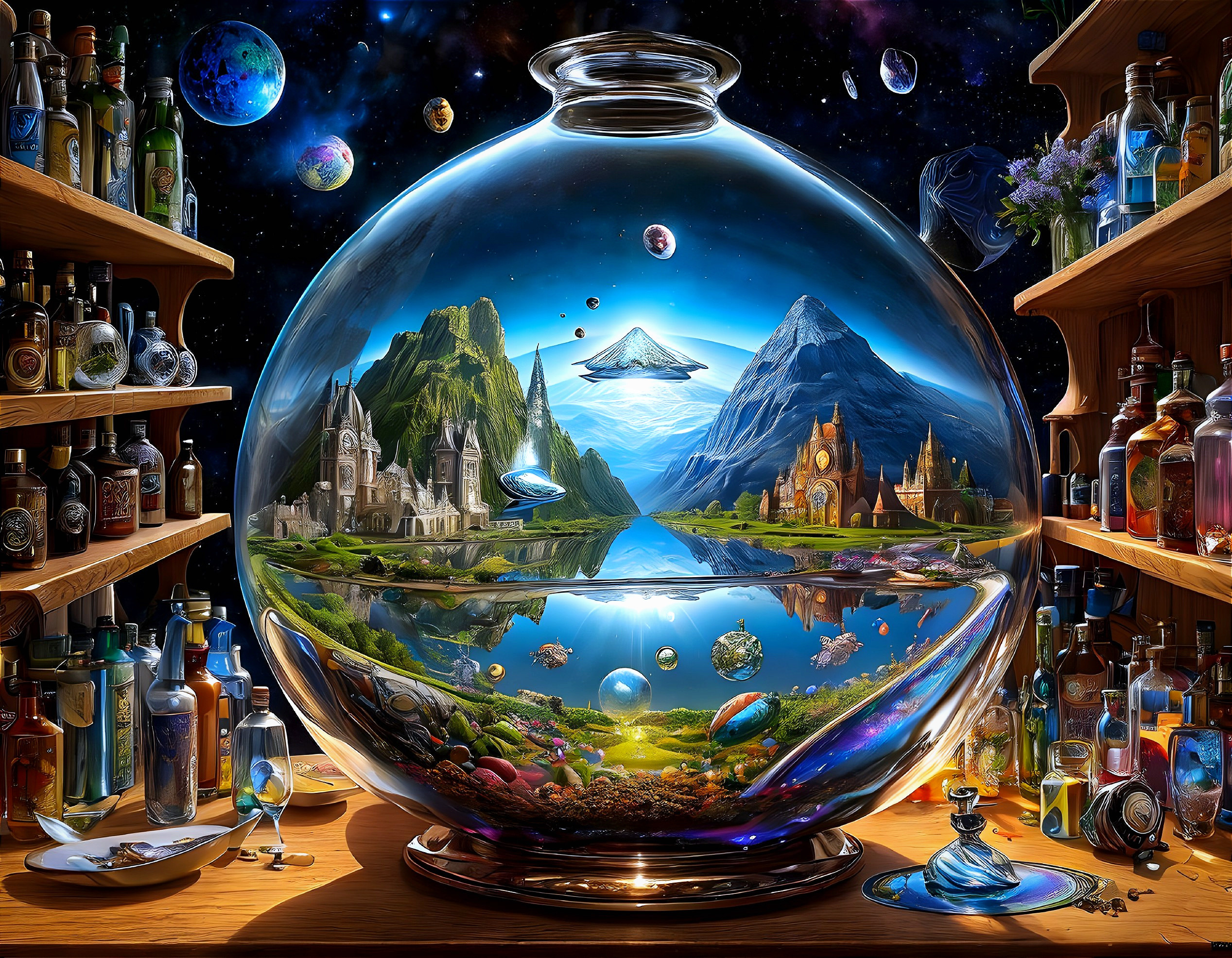 Surreal Aquarium Landscape with Castles and Planets