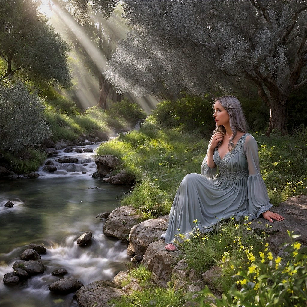 Woman in Gray Dress by a Flowing Stream in Nature