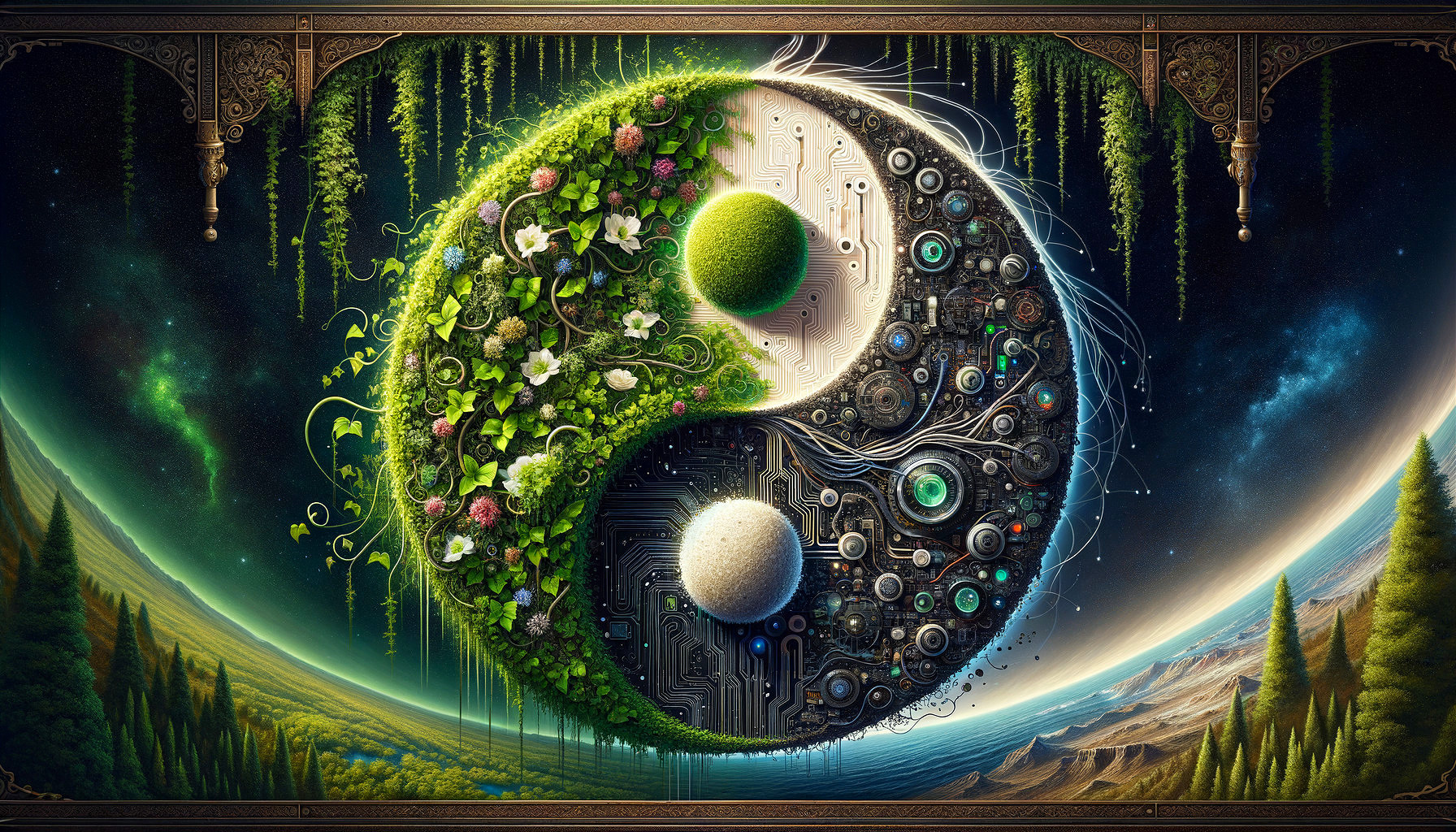 Yin-Yang Symbol Merging Nature and Technology Elements
