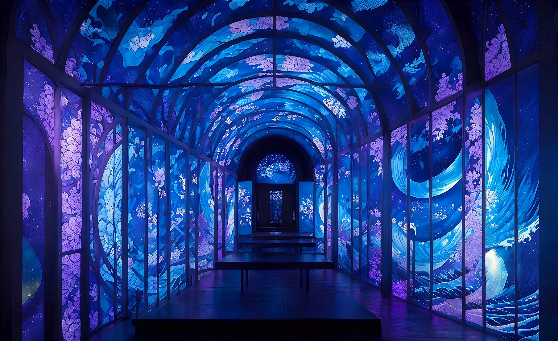 Illuminated Tunnel with Blue and Purple Patterns