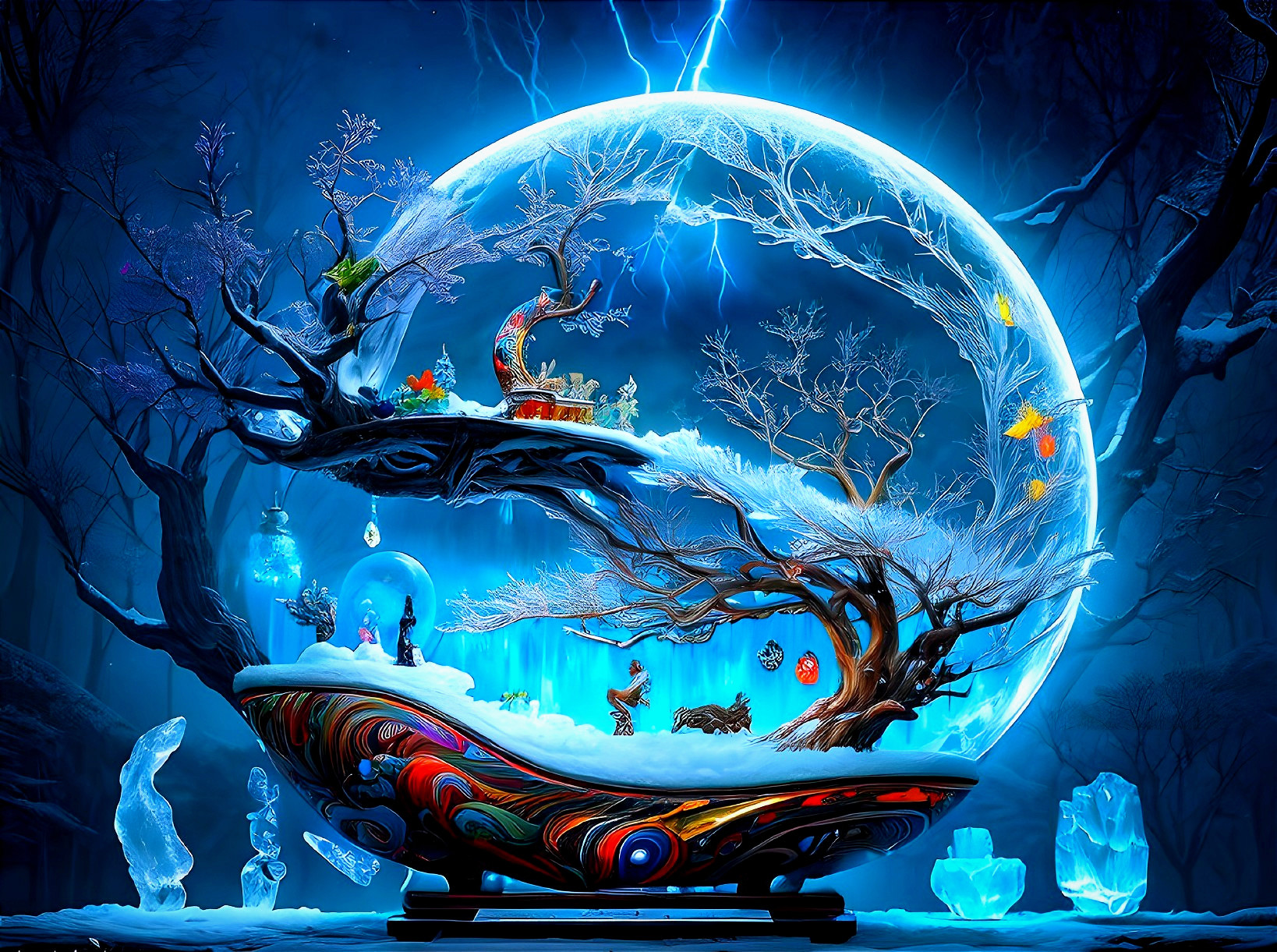 Whimsical Snow Globe with Fantasy Landscape Elements