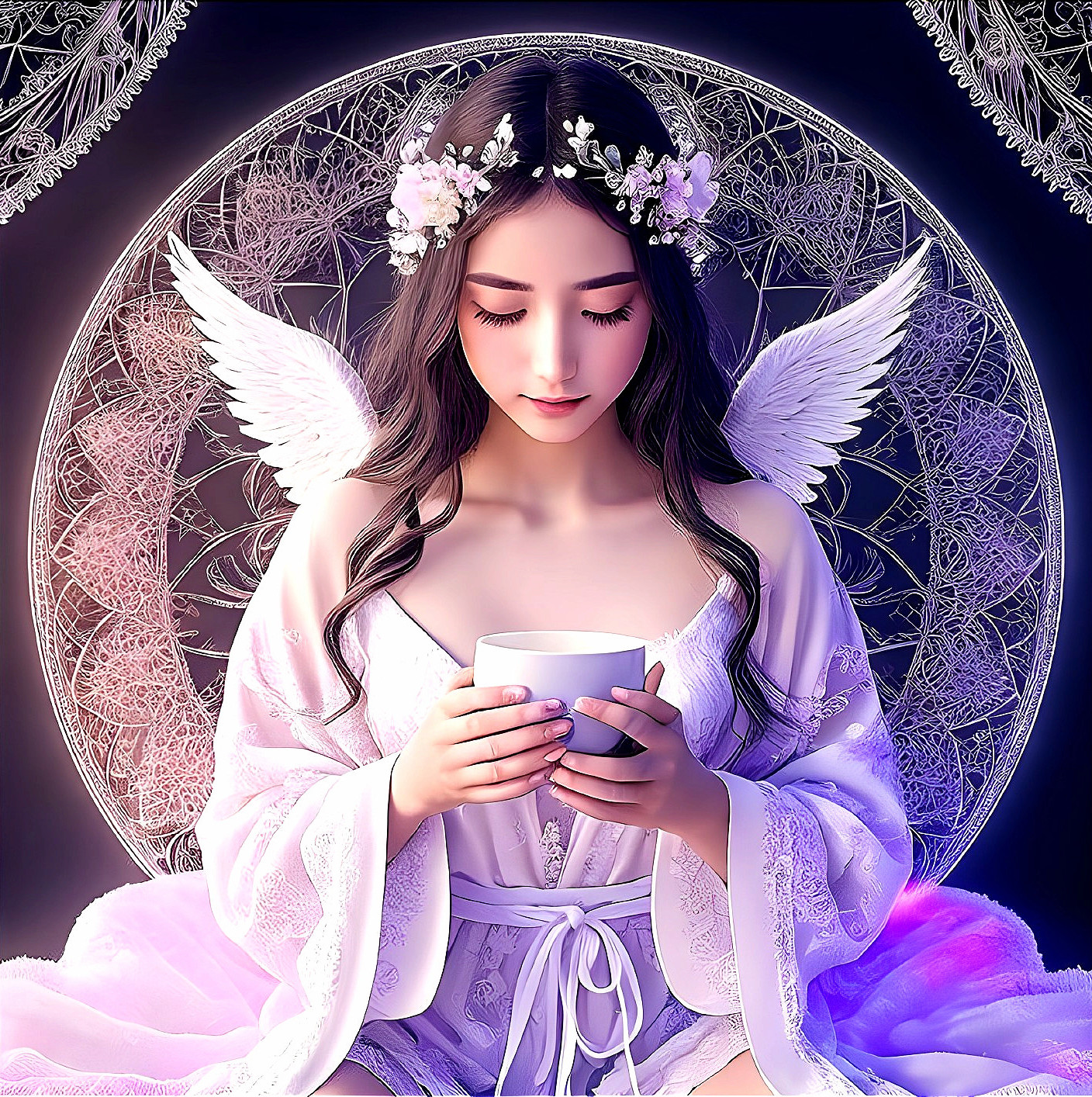 Serene figure with wings and floral crown in robe