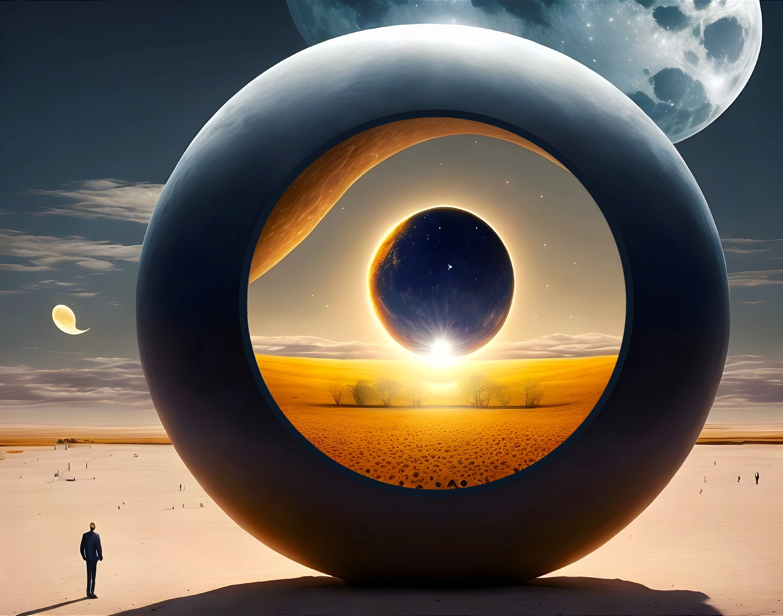 Surreal Landscape with Giant Portal and Vibrant Scene