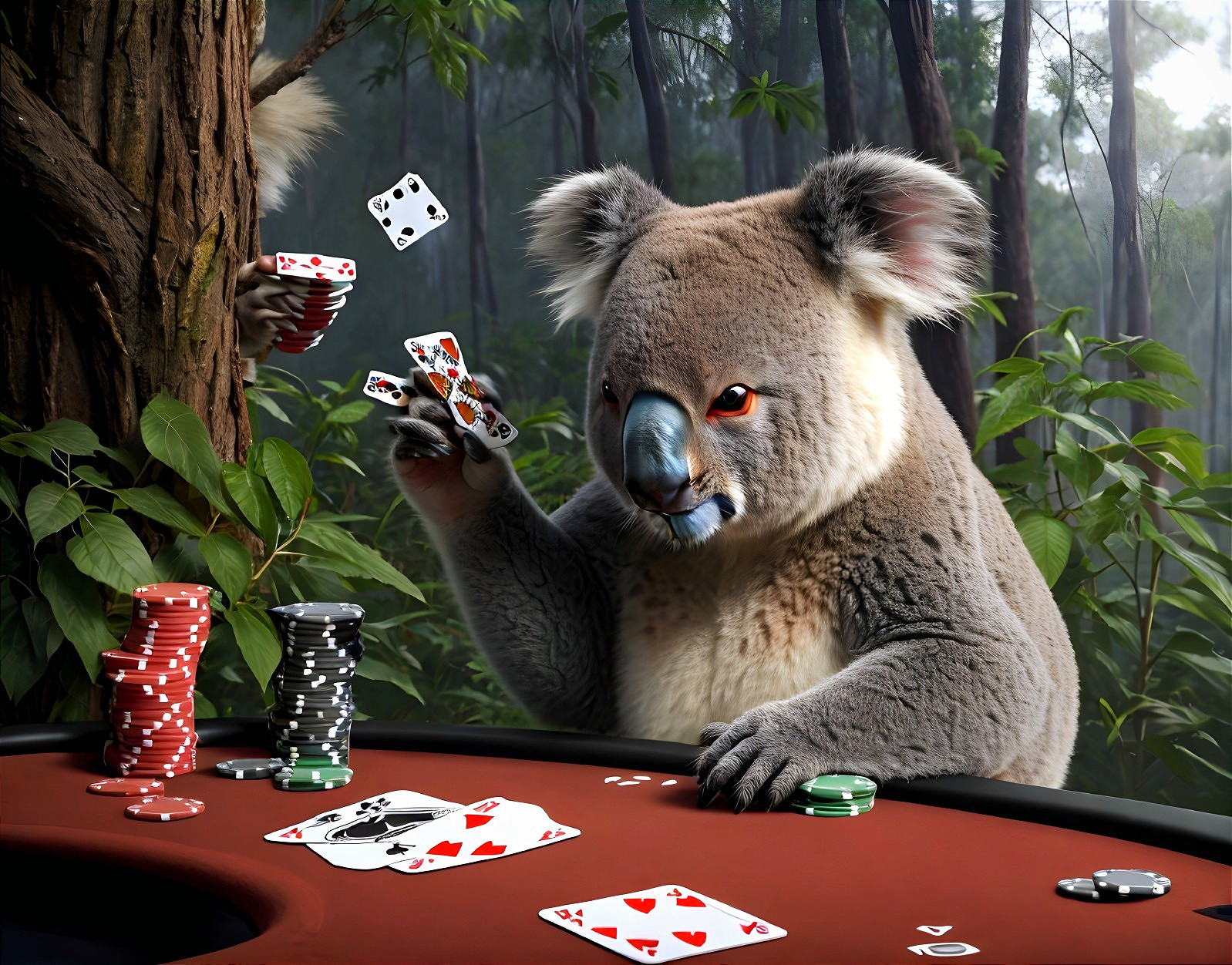 Koala Playing Poker in a Lush Forest Setting