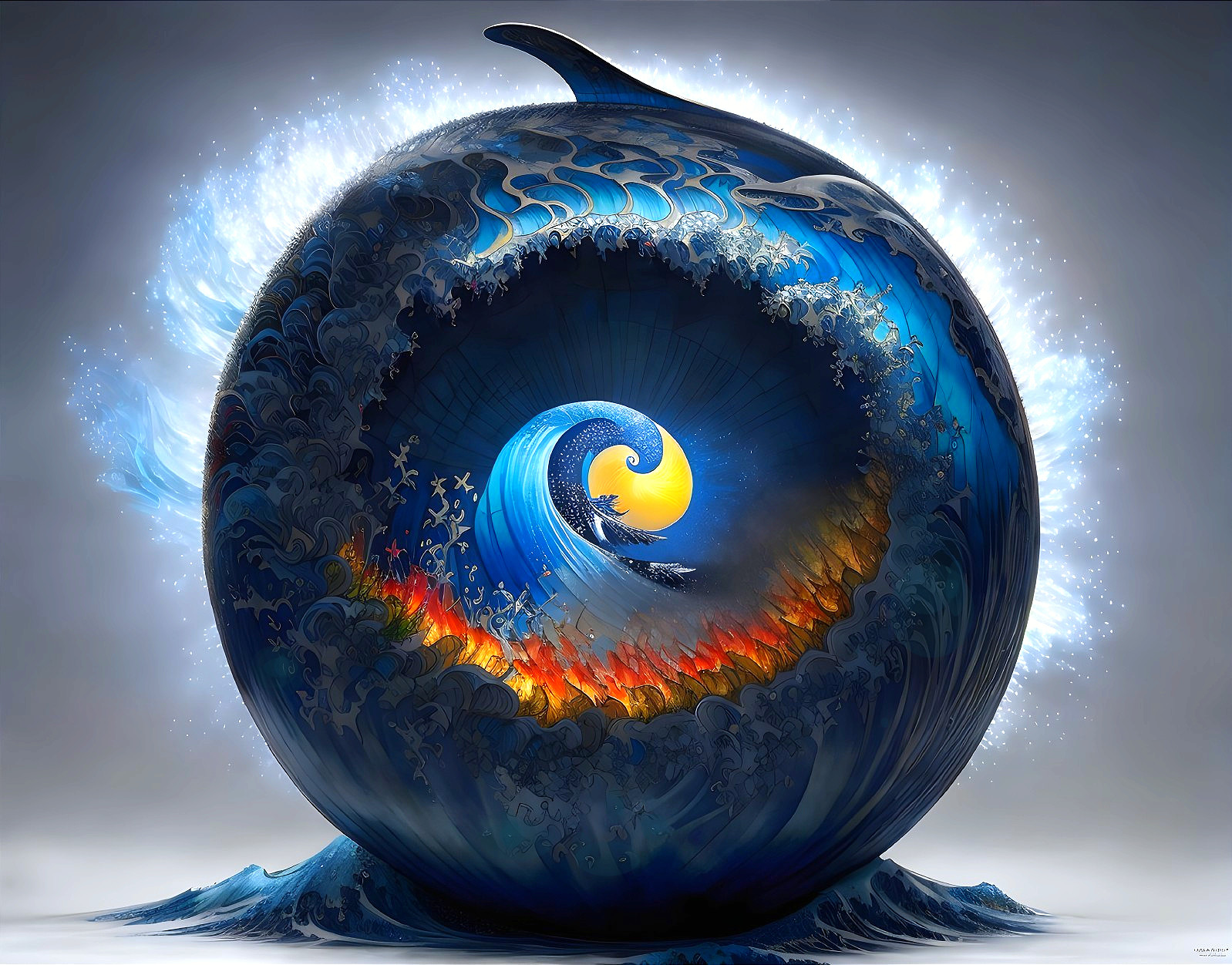 Spherical Design of Ocean Waves and Fire Fusion