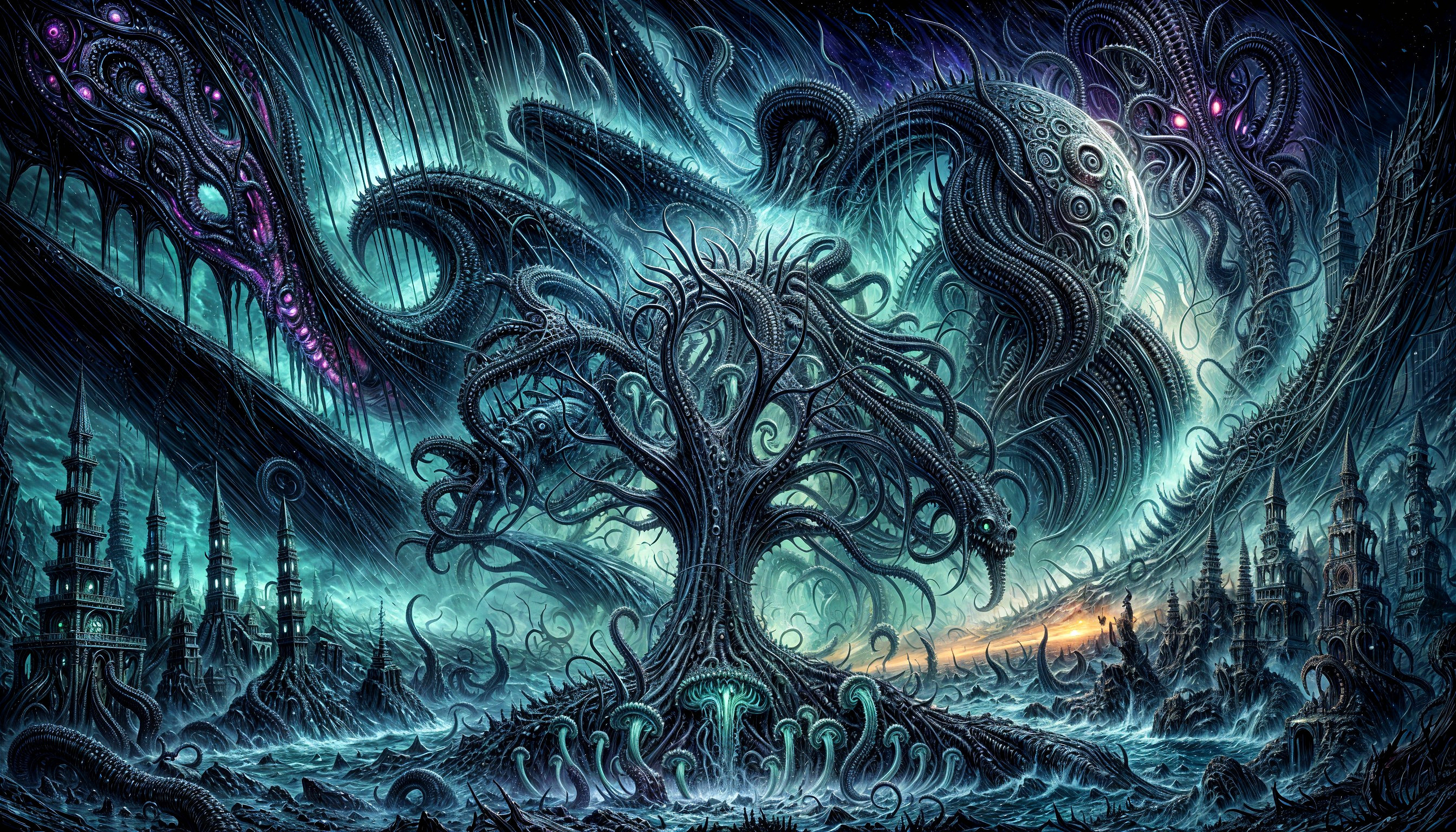 Surreal Scene of Cosmic Tree and Tentacled Creatures