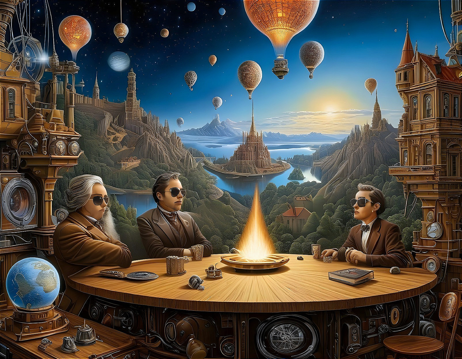 Surreal Landscape with Figures at Round Table Discussion