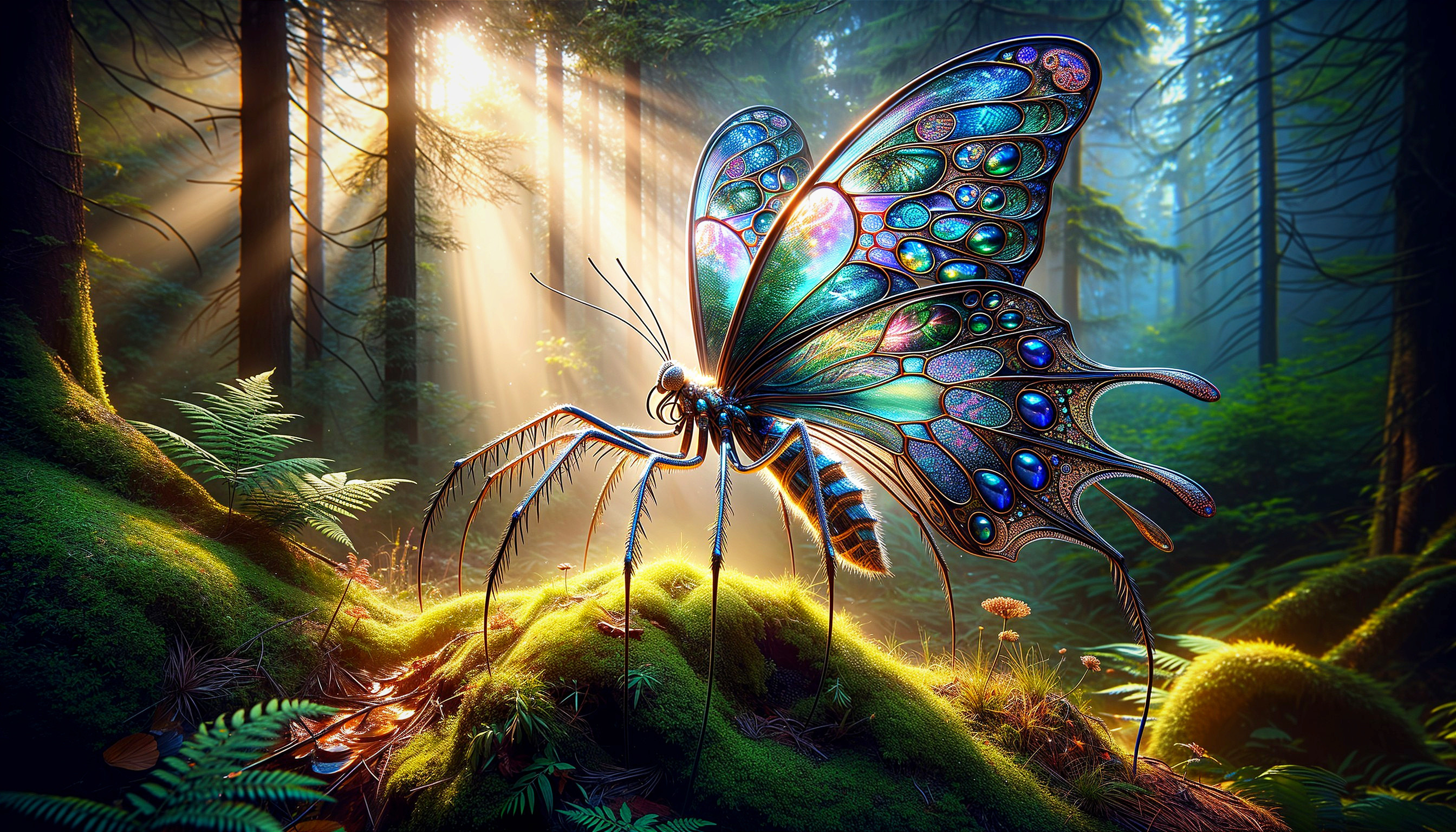Butterfly-like Creature in a Sunlit Forest Setting
