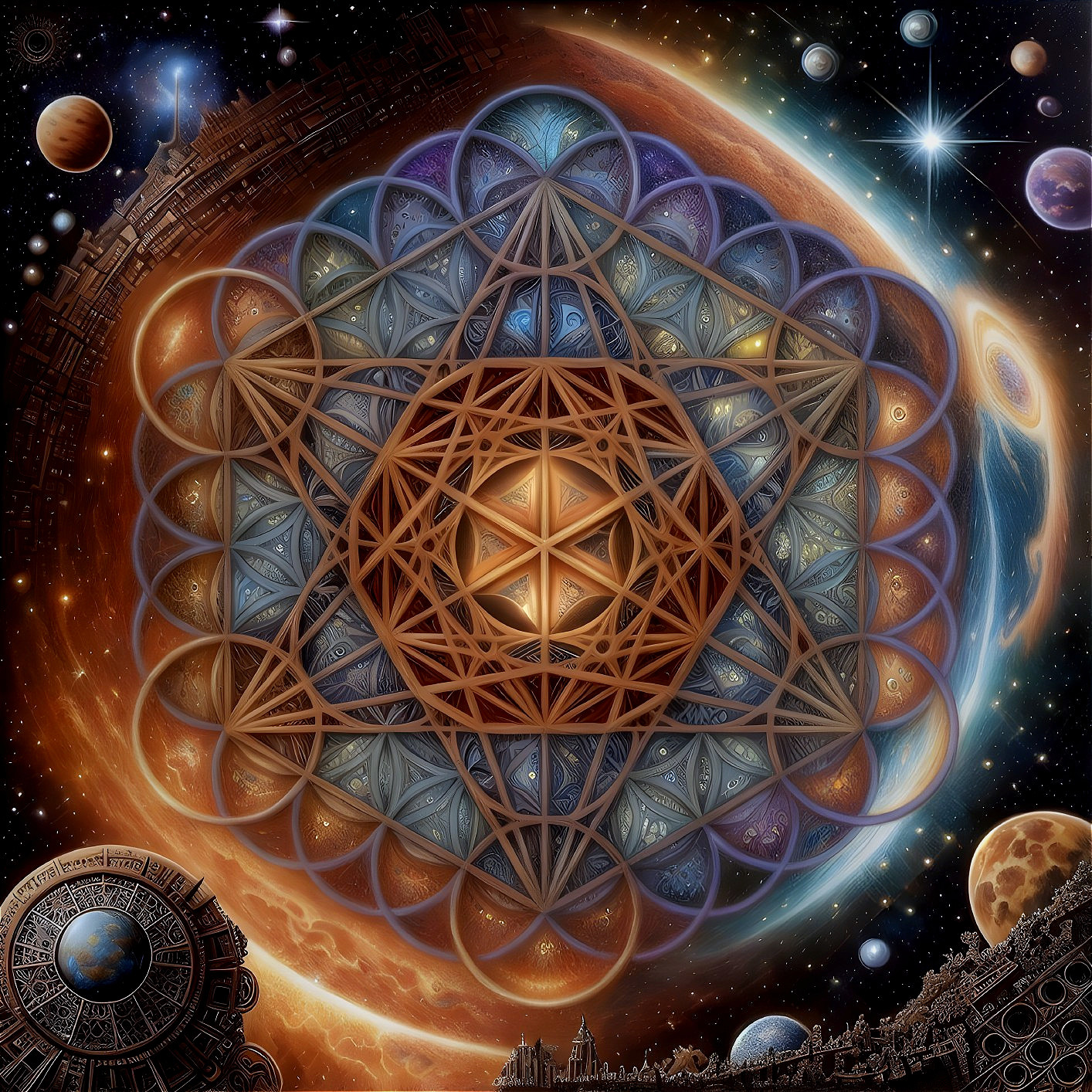 Vibrant Mandala in a Cosmic Celestial Scene