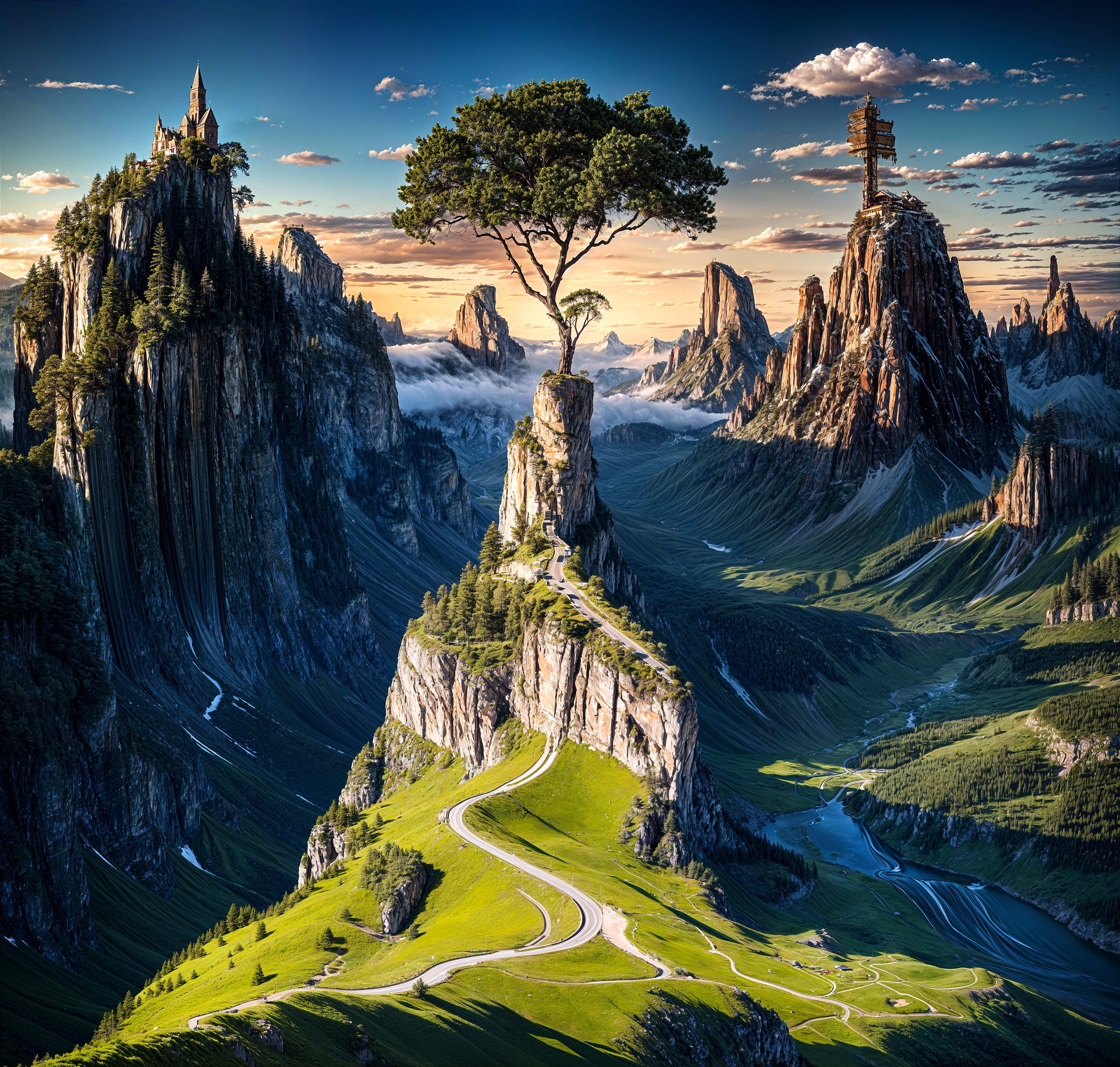 Rugged Mountain Landscape with Castle and Solitary Tree