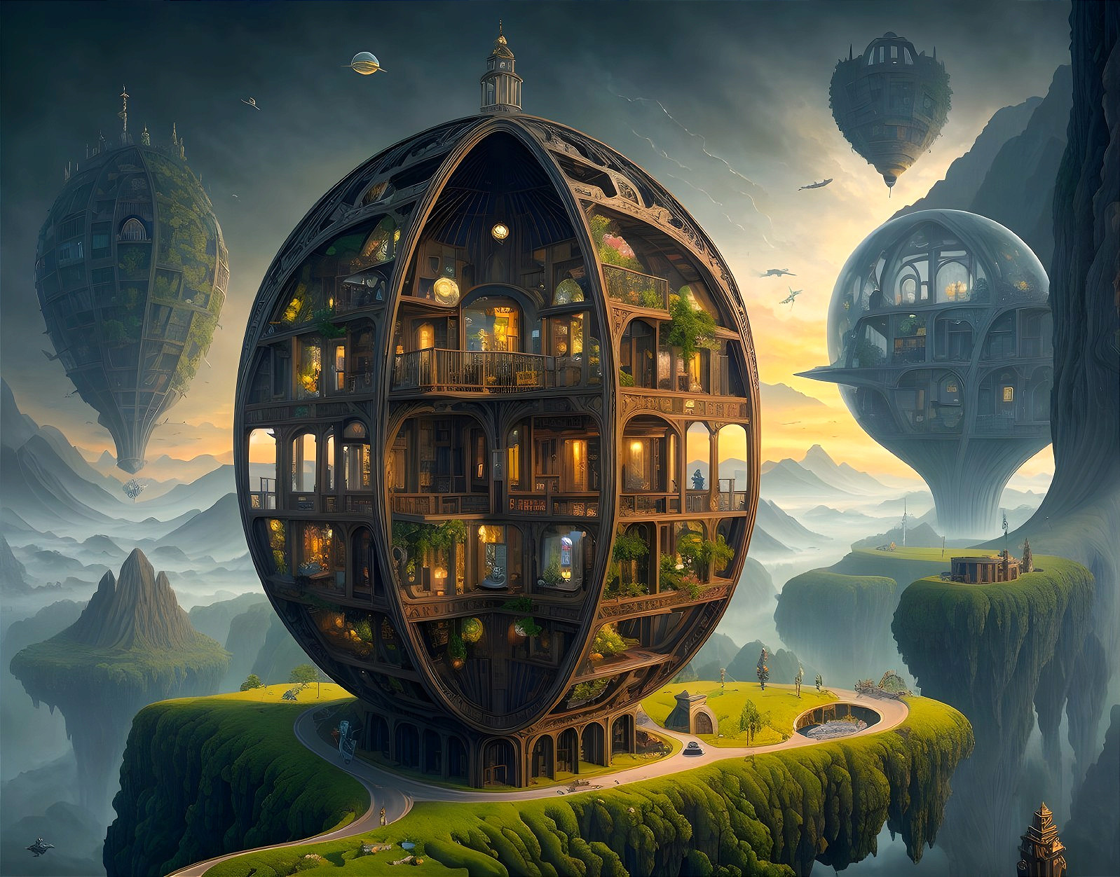 Surreal Landscape with Floating Spherical Structures