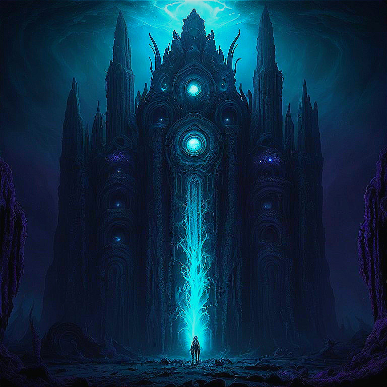 Mystical Tower Surrounded by Otherworldly Peaks