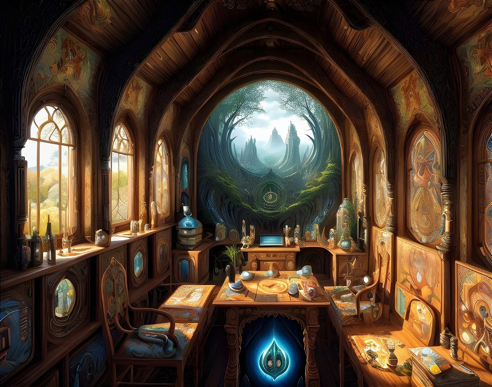 Cozy Fantastical Room with Wooden Textures and Artifacts