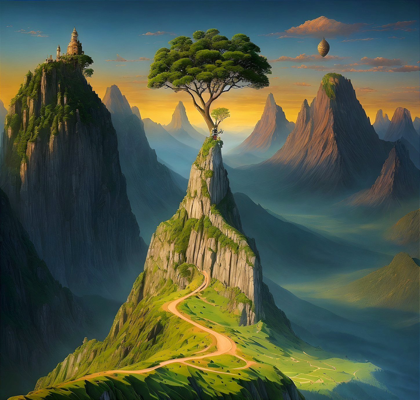 Majestic Mountain Landscape with Vibrant Sky and Tree